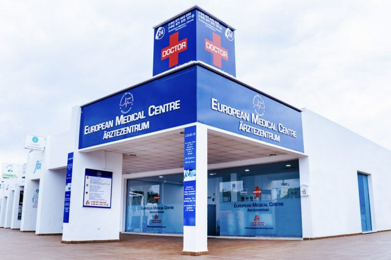 European Medical Centre building with blue and white facade