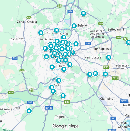 Map of Rome with various markers indicating locations