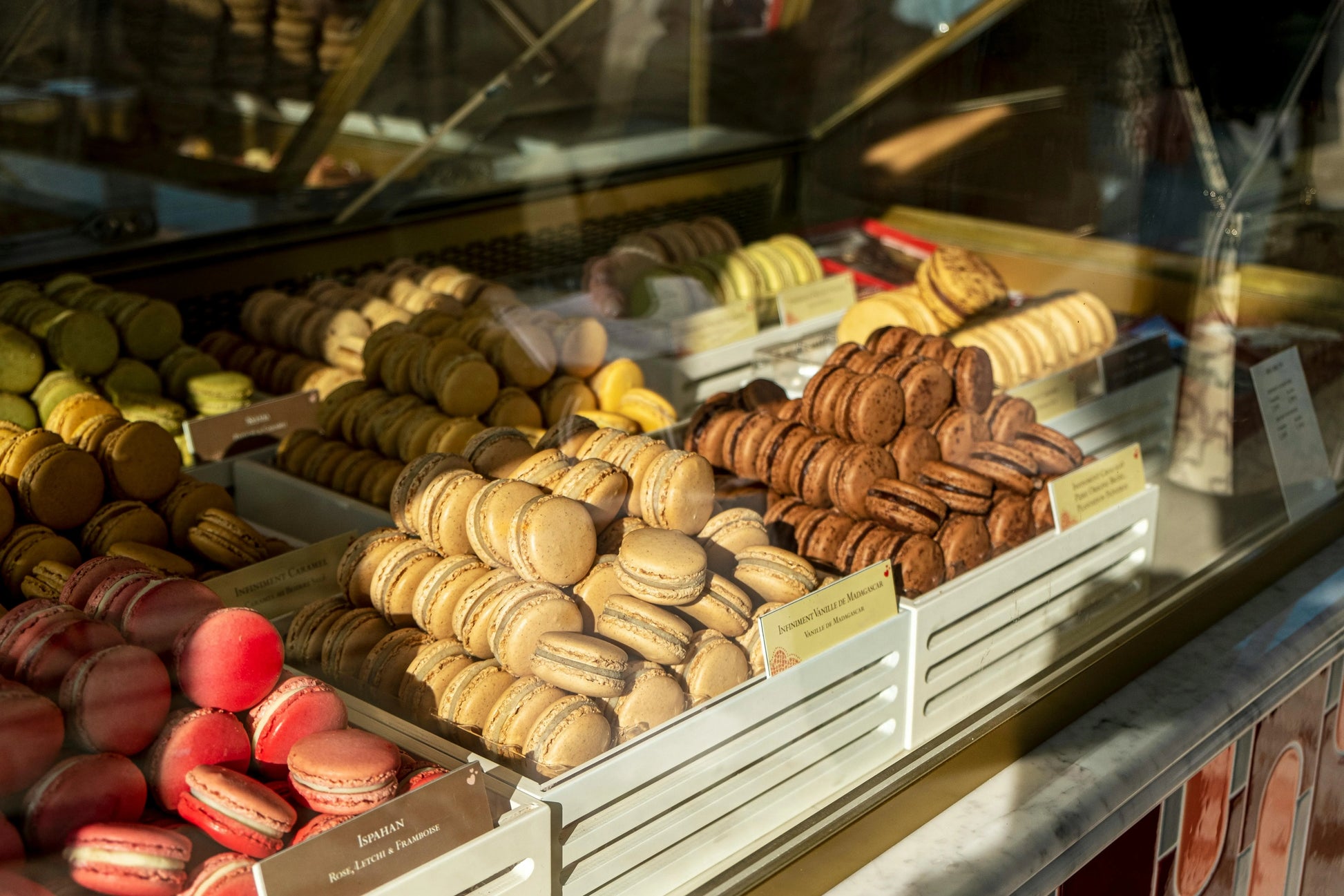 Display case with colorful macarons in a bakery