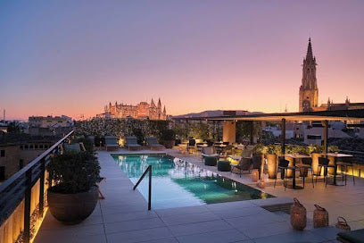 Roof top pool with cityscape and cathedral at sunset
