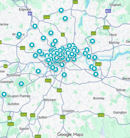 Map of London with numerous blue markers indicating locations.