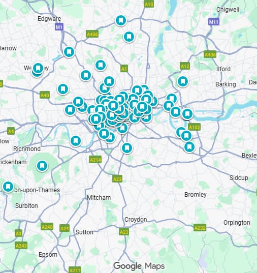 Map of London with numerous blue markers indicating locations.