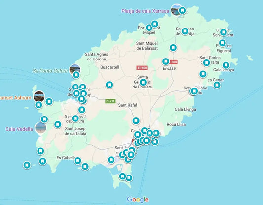 Map of a coastal area with various locations marked on it.