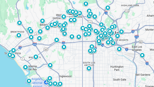Map of Los Angeles with numerous blue markers indicating locations.