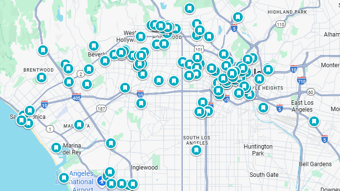 Map of Los Angeles with numerous blue markers indicating locations.
