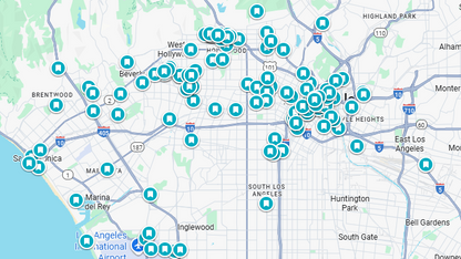 Map of Los Angeles with numerous blue markers indicating locations.