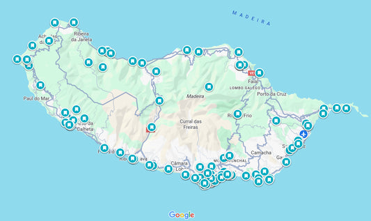 Map of Madeira Island with various locations marked by blue pins on a blue background.
