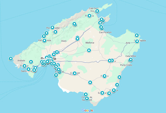 Map of Mallorca with various locations marked by blue pins.
