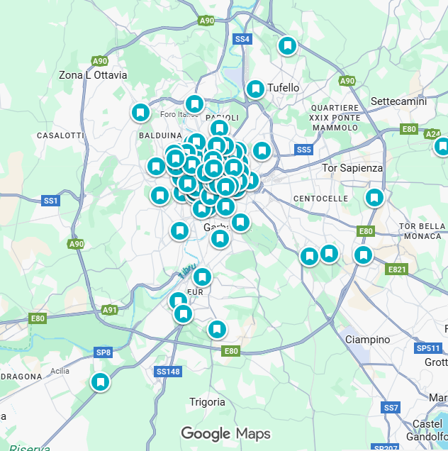 Map of Rome with various markers indicating locations