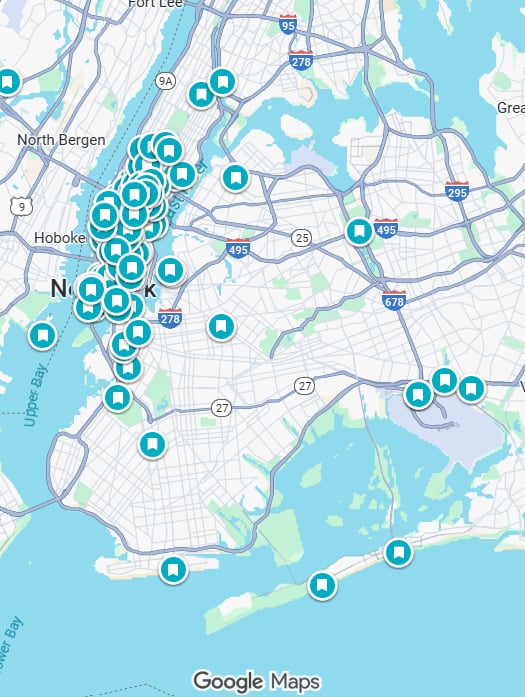 Map of a New York area with various locations marked on it.