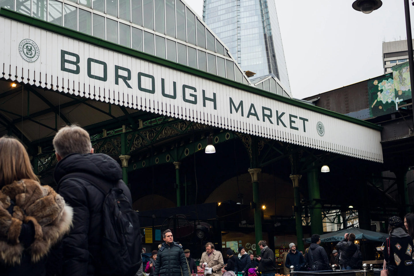 Borough Market entrance with people walking around