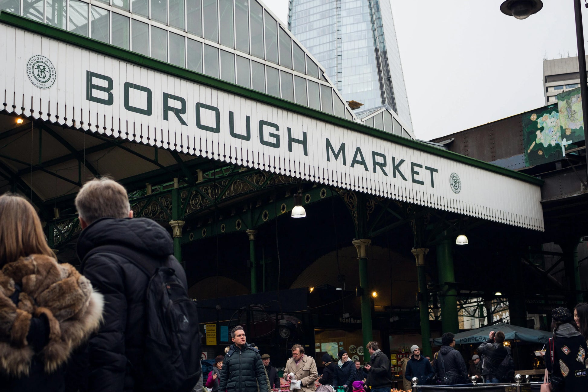 Borough Market entrance with people walking around