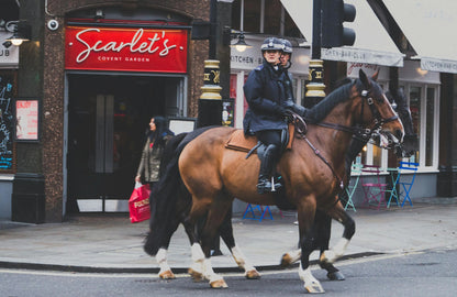 Person riding a horse on a city street with 'Scarlet's' restaurant in the background