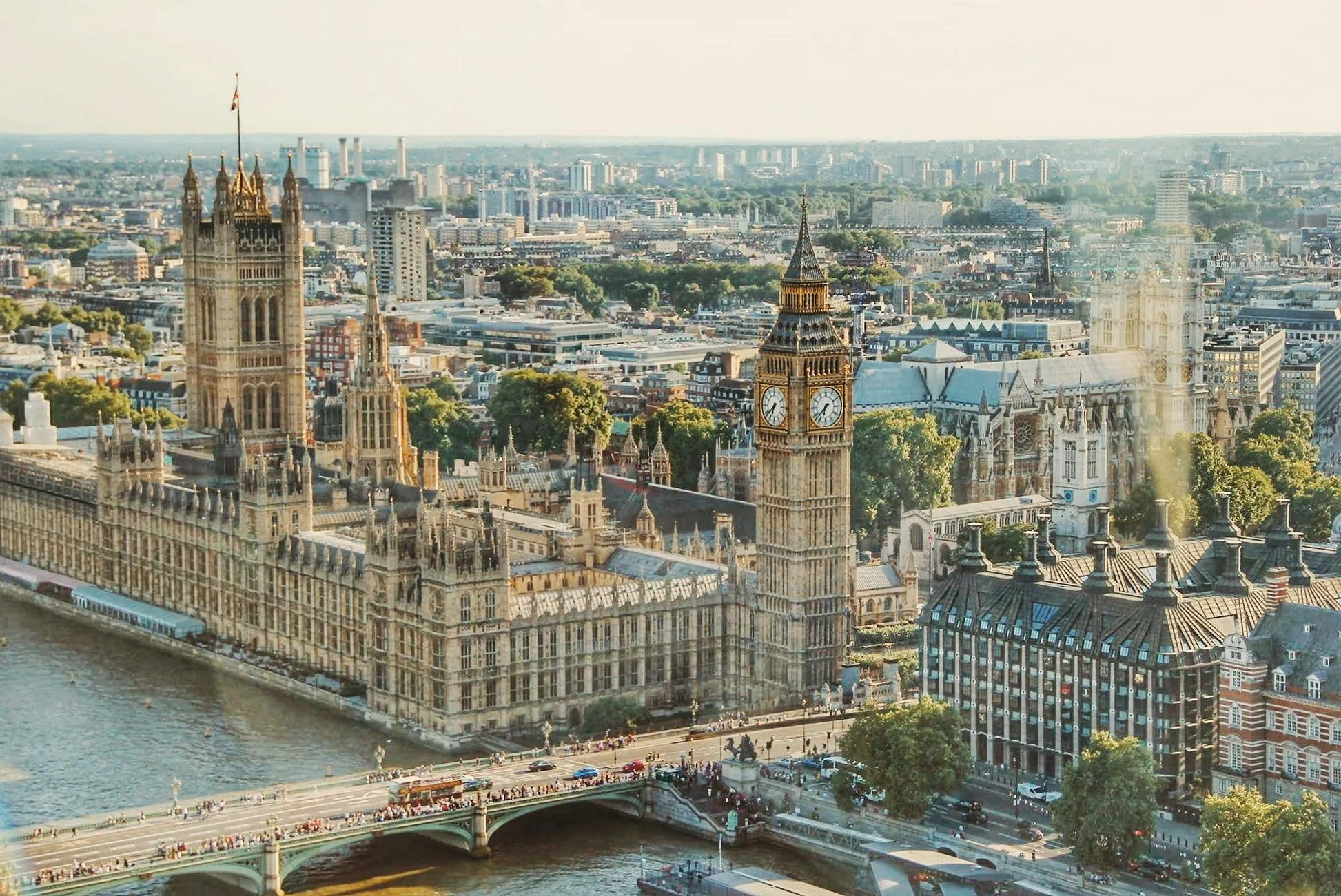 Aerial view of the Palace of Westminster with Big Ben in London, UK.