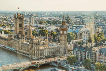 Aerial view of the Palace of Westminster with Big Ben in London, UK.