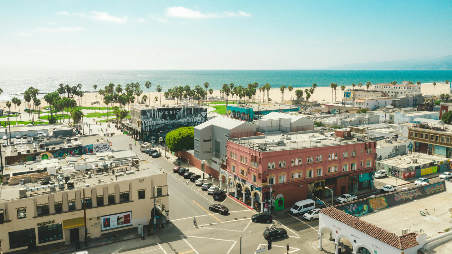 Aerial view of a coastal cityscape with buildings, roads, and ocean in the background.
